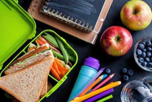 A top-down shot of school lunch sandwiches, peas, apples, and blueberries, plus notebook and colored pencils against a dark background