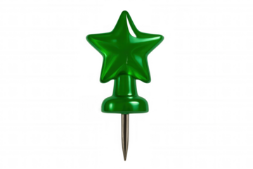 Shiny green star push pin on a transparent background, perfect for adding a touch of whimsy to designs