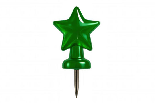 Shiny green star push pin on a transparent background, perfect for adding a touch of whimsy to designs