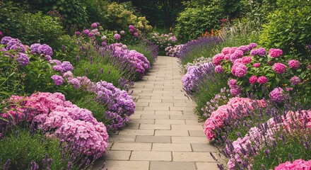 Fototapeta premium 優しい光輝く紫陽花とラベンダー並木道 石畳の小路. AI Generated