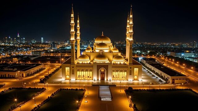 Stunning aerial 4k video footage captures the illuminated Al Farooq Omar Bin Al Khattam Mosque in Dubai, UAE, showcasing elegant architecture.