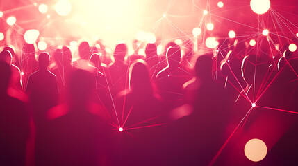 Silhouettes of people connected by glowing lines in a networked crowd under warm light