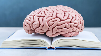 A realistic model of a human brain resting on an open book