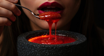 woman eating tomato soup .Generative AI