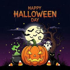 Spooky halloween night scene with jack o lantern and full moon