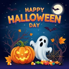 Happy halloween day with a friendly ghost and carved pumpkin