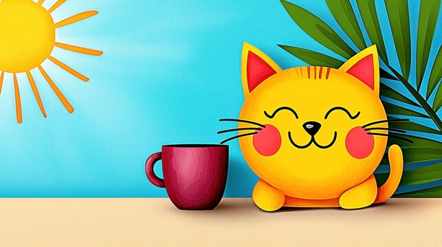 Playful yellow cat with coffee cup bright background digital art cheerful atmosphere front view whimsical concept