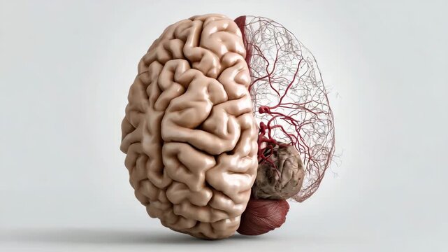 A close up of a brain with a red vein in the middle. The vein is prominent. Clinical educational infographic showing brain atrophy and tissue rotting comparison, rotten minimal style
