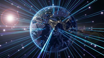 Global satellite internet connectivity over Earth at night with data beams linking illuminated cities for fast global network and communication - Powered by Adobe