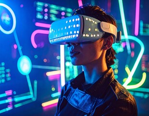 Immersive journey into the digital metaverse with an individual wearing futuristic virtual reality headset surrounded by glowing neon data