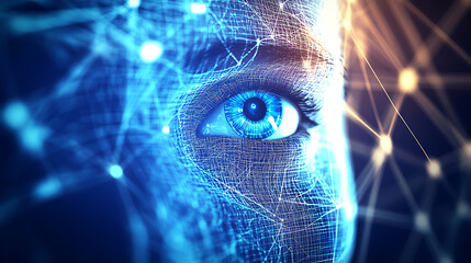 Digital human face with glowing blue eye and network connections, representing artificial intelligence and technology