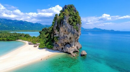 Naklejka premium Idyllic Tropical Beach with Limestone Rock and Turquoise Waters
