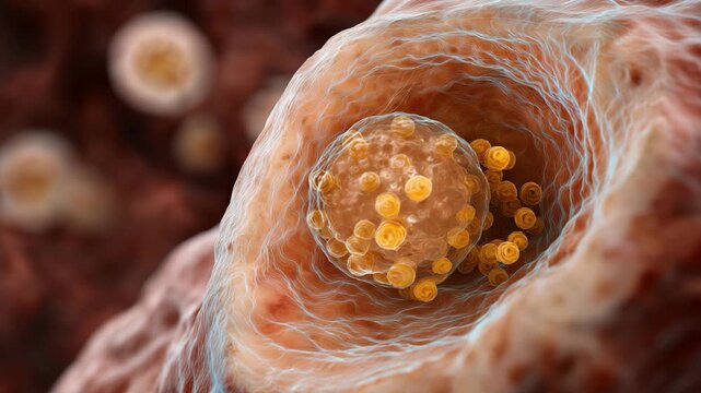 A small brown object with a white center. Closeup realistic medical illustration of a myiasis wound showing small maggots inside human skin lesion, Myiasis clinical clean style