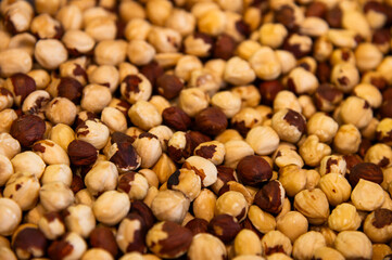 Hazelnut fried kernels. Close-up. Background for snacks and nuts
