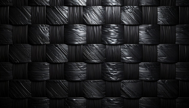 Dark, textured woven pattern of interlocking black squares, creating a rich, detailed surface.