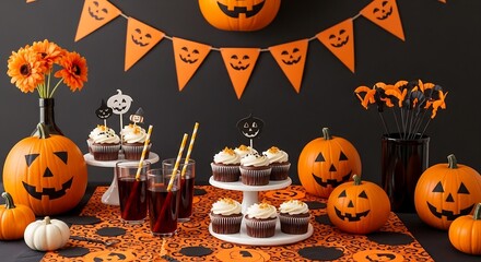 Festive halloween party table display with pumpkins and treats