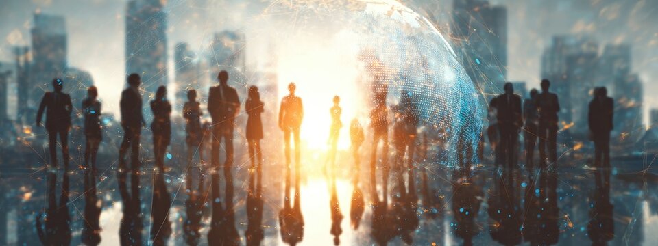 Silhouetted Figures Walking Against Futuristic Cityscape at Sunset