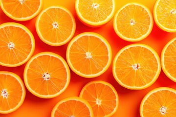 Fresh oranges - pattern on bright orange background, flat lay, citrus photography background.