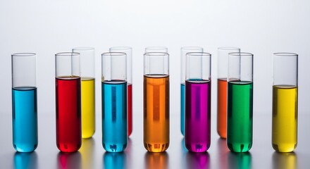 鮮やか色彩 試験管 カラフル液体 並ぶ 科学実験 精密描写. AI Generated