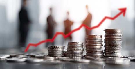 Silver Coin Stacks Grow with Red Upward Arrow Symbolize Business Finance Success with Blurred People Background