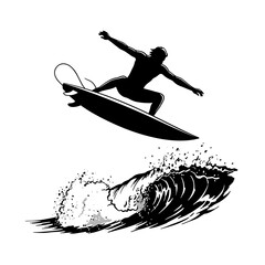 A bold black and white silhouette of a surfer mid-air above a crashing wave, capturing the intensity and motion of a high-energy surf maneuver.