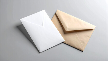 Two envelopes, one white and one kraft brown, rest on a neutral gray background.