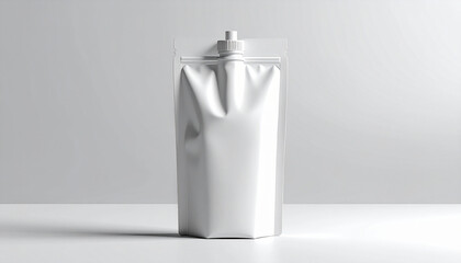 A pristine, blank stand-up pouch, ready for branding, sits on a minimalist white surface.
