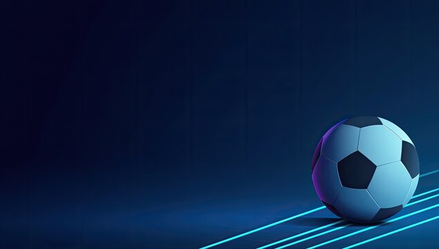 Soccer Ball Isolated on Dark Blue Gradient Background with Neon Stripes