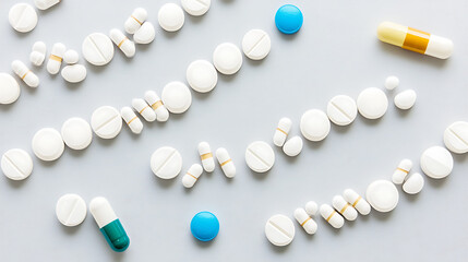 Assorted pharmaceutical pills and capsules arranged on a light background