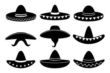 Mexican Hat vector set,set of Sombrero Hats simple black silhouette vector
