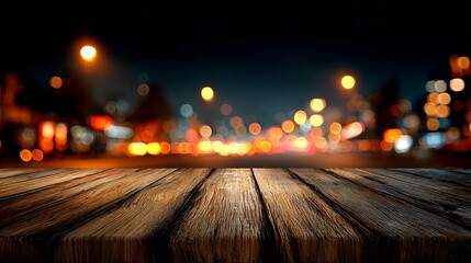 Wooden table with blurred neon bokeh at night in a dark interior close up background with copy space for product display banners invitations and social media headers