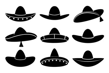 Mexican Hat vector set,set of Sombrero Hats simple black silhouette vector