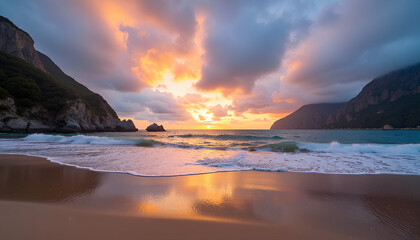 Fototapeta premium Scenic beach sunrise with dramatic clouds and mountains