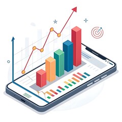 Mobile phone displaying financial growth charts and data analysis
