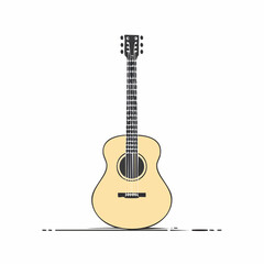Obraz premium Acoustic guitar stands upright against a white backdrop, showcasing its simple elegance and musical potential in a minimalist style.