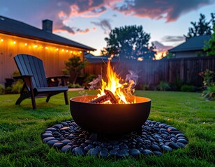 Backyard fire pit at dusk