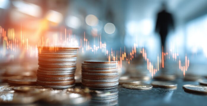 Stacks Of Coins With Financial Chart Overlay In Blurred Background And Silhouette Figure