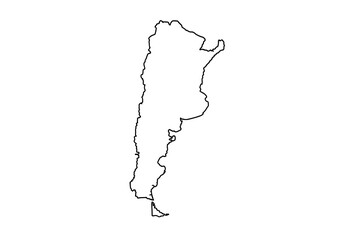 Outlined silhouette of Argentina showing its distinct narrow landmass  coastal features
