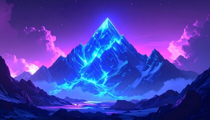 A vibrant, glowing mountain range dominates a surreal, purple-hued landscape under a starry sky.