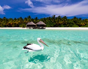 Tropical beach scene with pelican