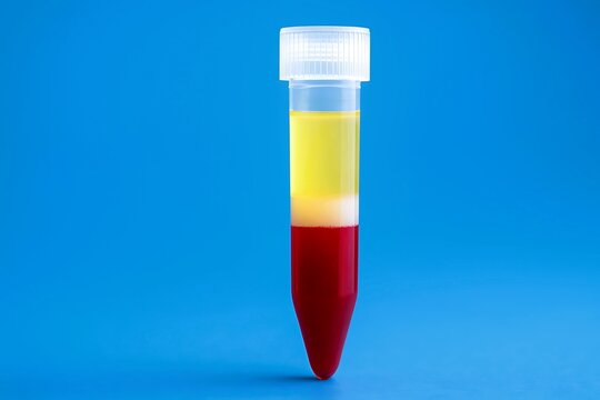 A close-up photo of a centrifuged blood sample in a transparent test tube, showing distinct layers of plasma, buffy coat, and red blood cells against a blue background.
