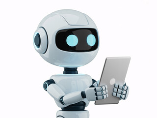 Cute robot holding a tablet computer isolated on white background