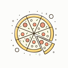 Delicious pizza with pepperoni and herbs sits on a white surface, with one slice removed, inviting and appetizing.