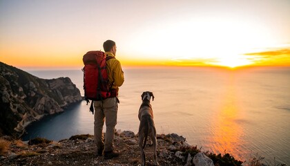 Man and dog on mountaintop at sunset over ocean