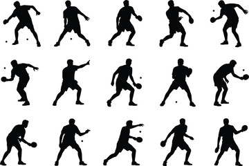 Table tennis silhouette set, ping pong action, paddle swing pose, black vector, sports movement, ball trajectory, athlete icon