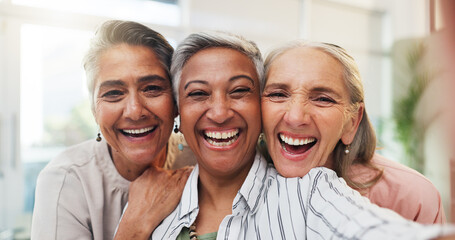 Portrait, friends and mature women with selfie in home, bonding and support in digital memories. Happy, virtual and retirement in lounge with POV, moment capture and closeness for social media.