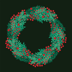 Christmas wreath or Christmas frame, hand drawn illustration on dark green background. Christmas wreath vector vintage illustration. Hand drawn. Background for design greeting card, wall paper, print