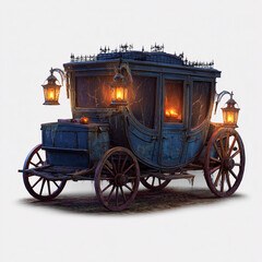 Fototapeta premium Enchanted vintage horse-drawn carriage with glowing lanterns, fairytale aesthetic, dark moody atmosphere, isolated on white.