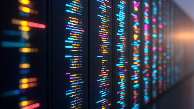 Digital code displayed on multiple vertical screens with colorful syntax highlighting in a dark environment - Powered by Adobe