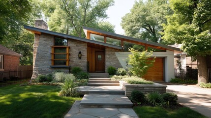 Fototapeta premium Modern Architectural Design Home Surrounded by Greenery and Trees